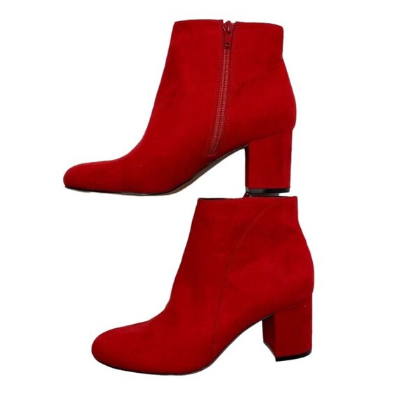 INC Faux Suede Bootie Shoes Women's 8 Red Block Heel Zipper Almond-Toe NEW - Picture 3 of 10